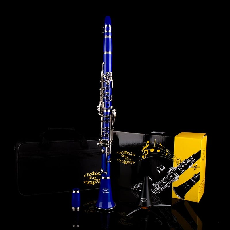 Glory GLY-CLADBL Professional Ebonite Bb Clarinet with 10 Reeds, Stand, Hard Case, Cleaning Cloth, Mouthpiece Brush and Pad Brush,Dark Blue/Silver - Image 4